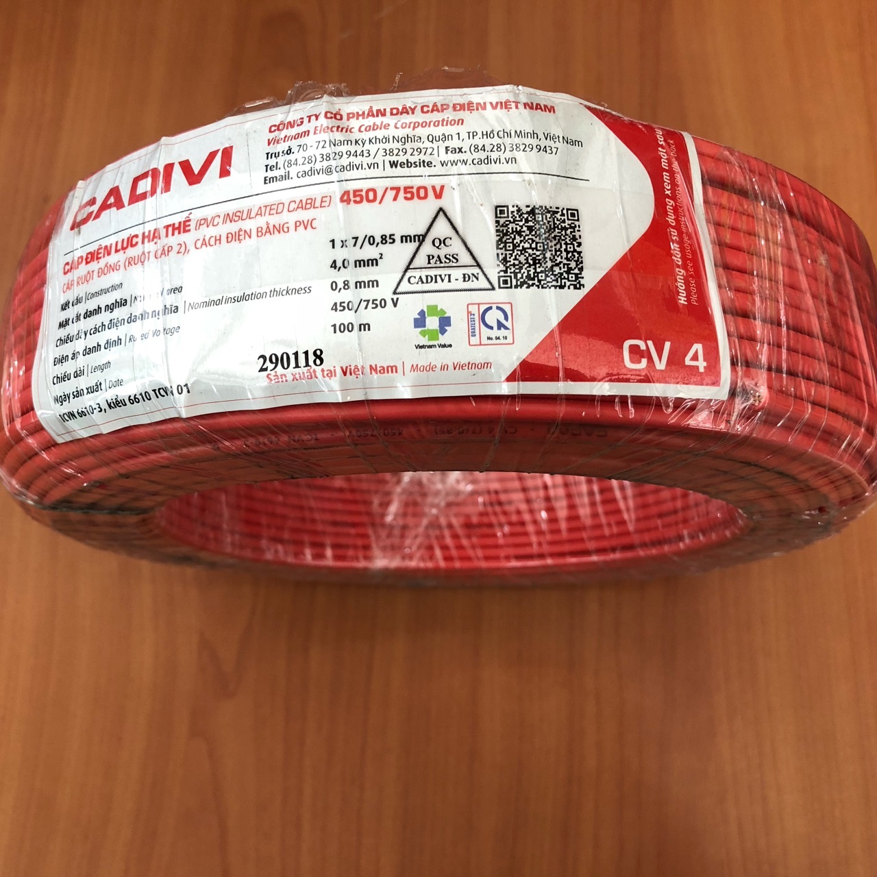 Dây điện Cadivi CV 4 màu đỏ, 0.6/1KV, cuộn 100m, giá theo mét