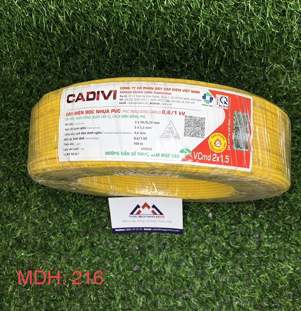 Dây điện Cadivi VCMD 2x1.5 màu vàng, 0.6/1KV, cuộn 100m, giá theo mét