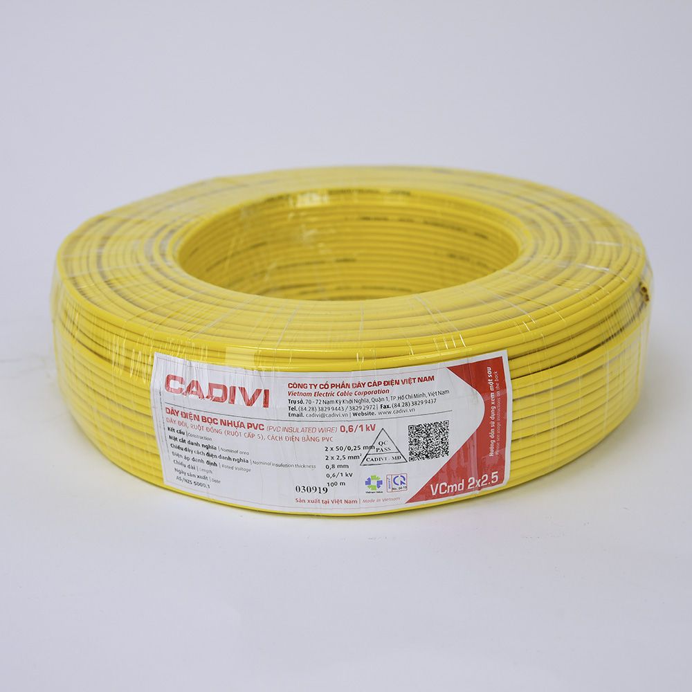 Dây điện Cadivi VCMD 2x2.5 màu vàng, 0.6/1KV, cuộn 100m, giá theo mét